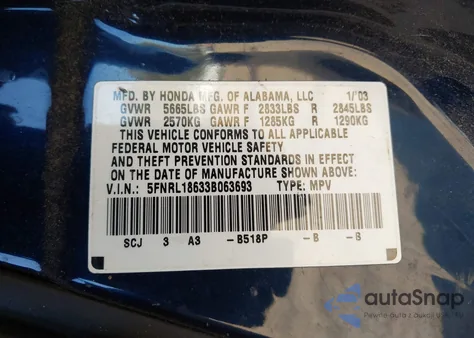 2003 Honda Odyssey Ex from USA, damaged, VIN 5FNRL18633B063693